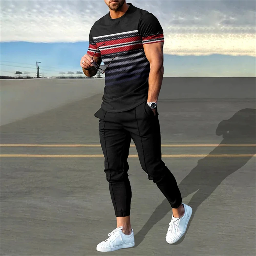 Men\'s Trousers Tracksuit 2 Piece Set Fashion Casual Sportswear Summer Streetwear Short Sleeve T Shirt Long Pants Male Clothing