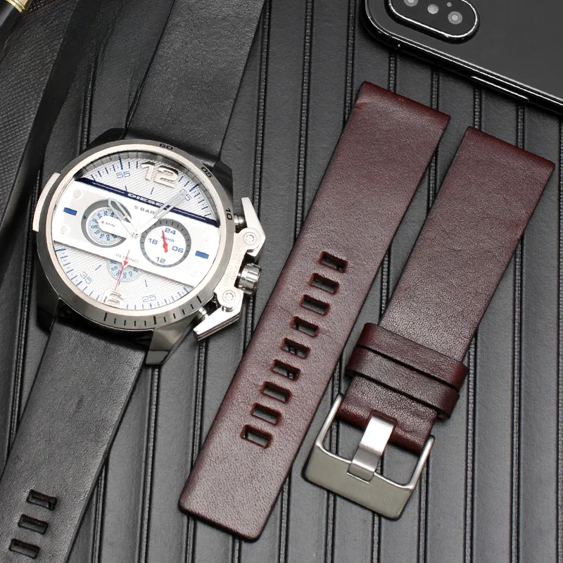 Cowhide Watchband for Men DIESEL Dz4346 Dz4357 Series Genuine Leather Anti-Allergy Needle Buckle 22 24 26 28 30mm Watch Strap image 5