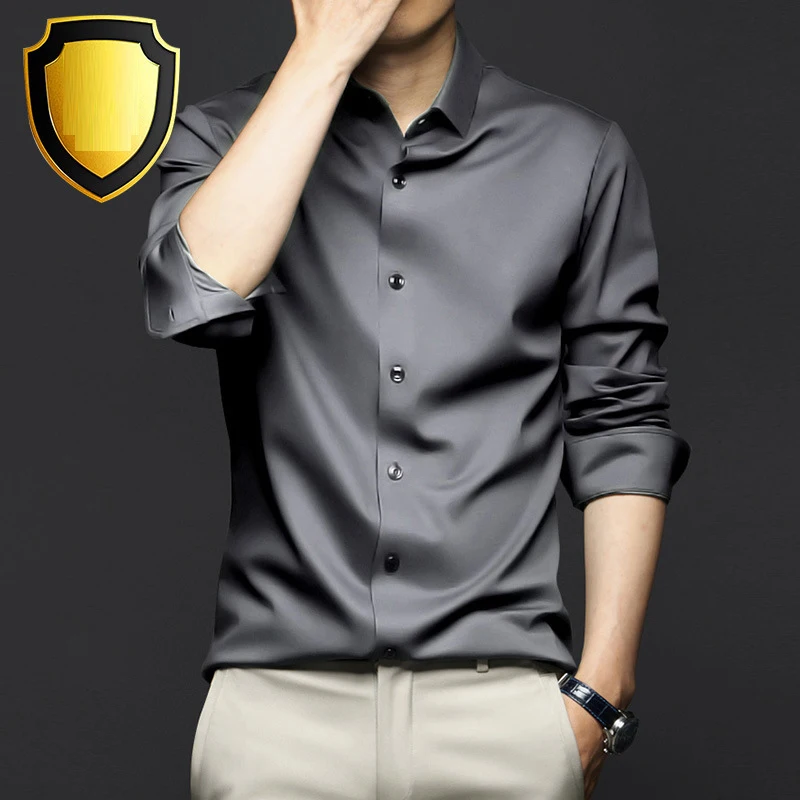 

Pop 6XL Spring Summer Formal Men's Fashion Long-sleeved Shirt Luxury Wrinkle-proof Non-ironed Solid Color Business Casual Ice Si