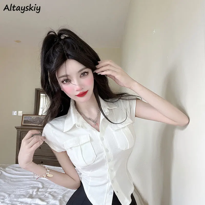

Skinny Shirts Women Summer Casual Short Sleeve Sexy Korean Fashion Tops Simple Streetwear Camisas Office Lady Aesthetic Clothes