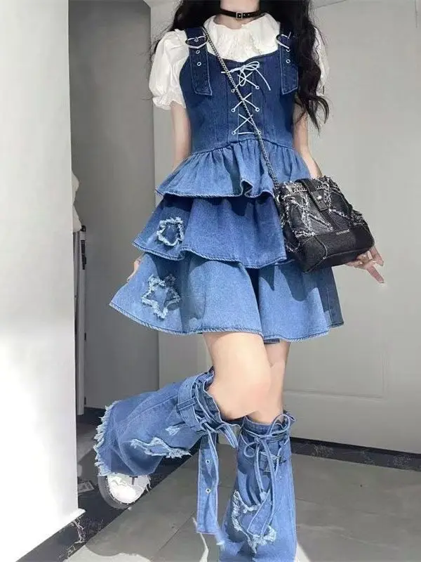여름 슬리밍 블루 그라데이션 데님 홀터넥 드레스 여성 패션 세트 숏 퍼프 스커트 투피스 세트 통기성 좋은 면 혼방