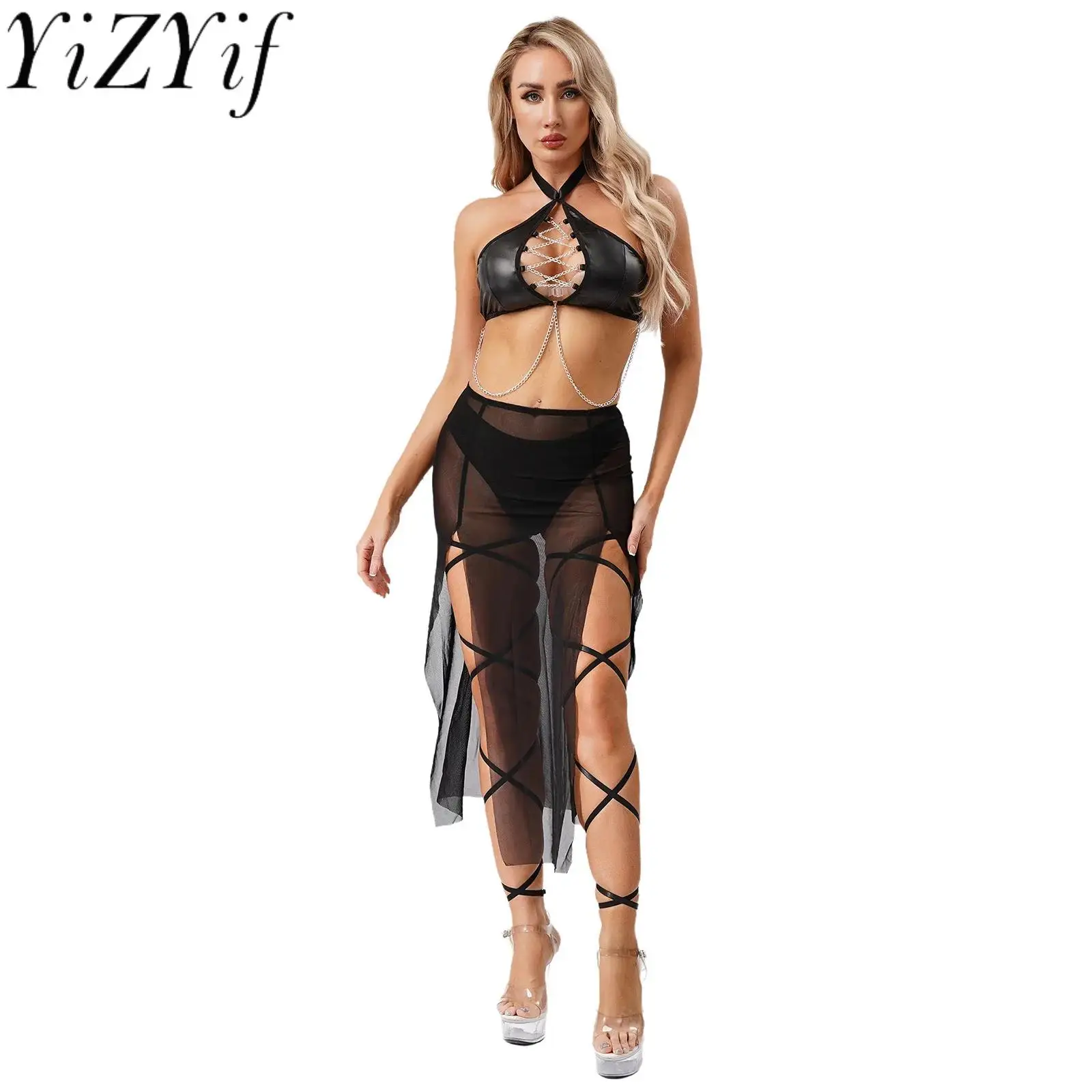 

Women Lingerie Babydoll Nightwear Halter Sleeveless Patent Leather Bra Top with Sheer Mesh Split Skirt And Thongs Sleepwear Sets