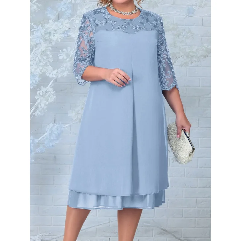 Plus Size Summer Dress 2026 Elegant Embroidery Chiffon Prom Formal Party Dresses for Chubby Women Loose Ladies Church Dress