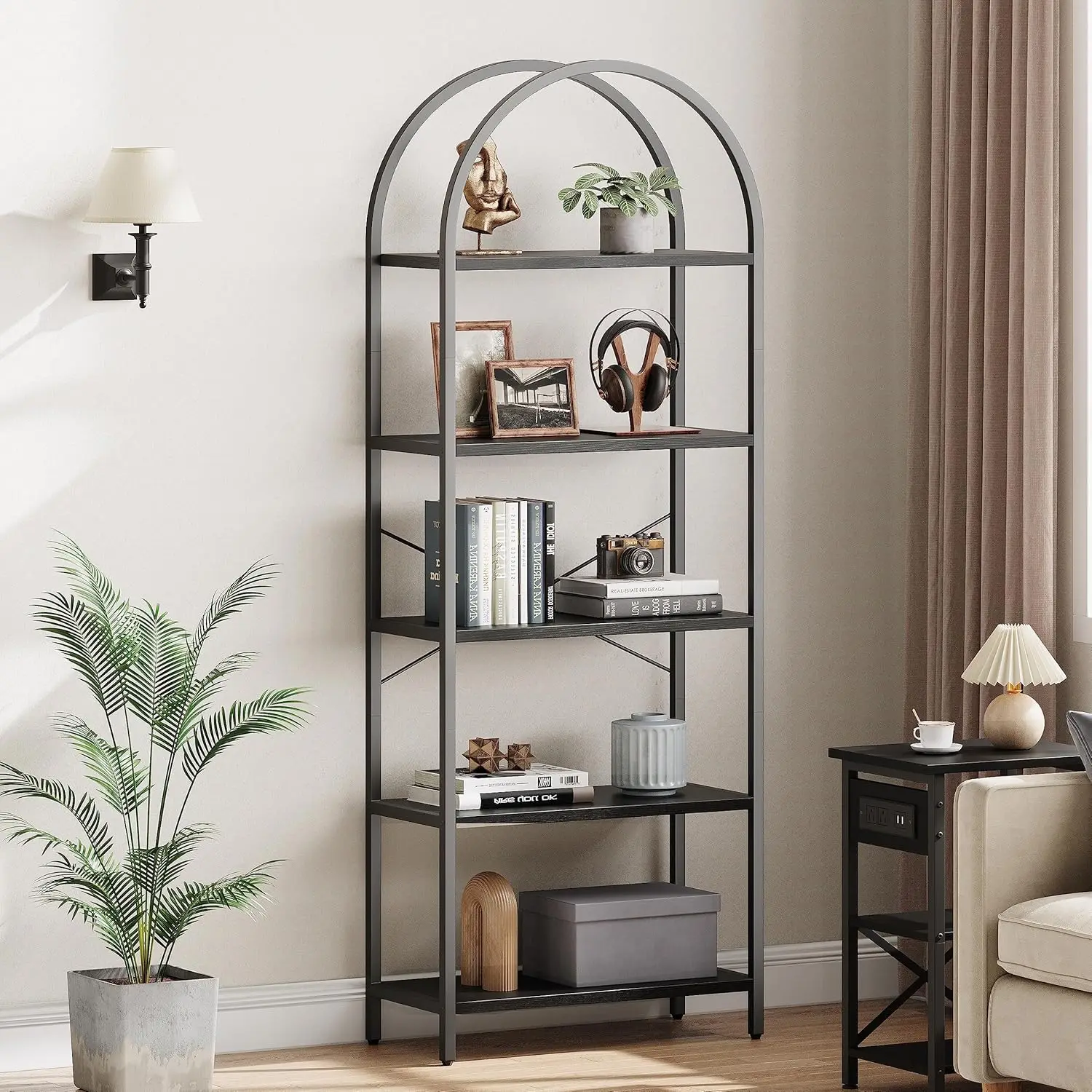 Bookshelf 5 Tier Bookcase Arched Display Racks Tall Standing  Metal Frame Open Storage Rack Shelf Large Black Book Shelf