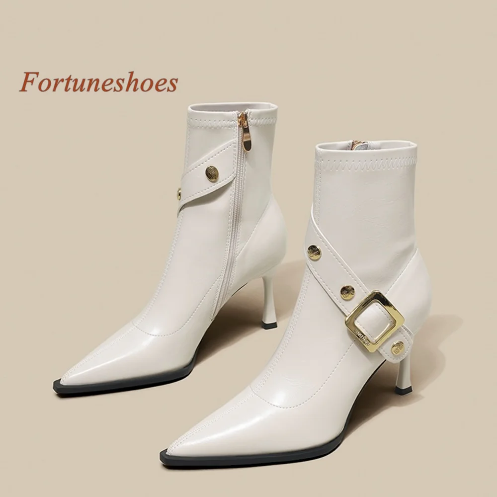 

Pointed Toe Thin Heel Boots Side Zipper Belt Buckle Women Mid Calf Pumps Winter 2024 New Arrivals Fashion Casual Solid Boots