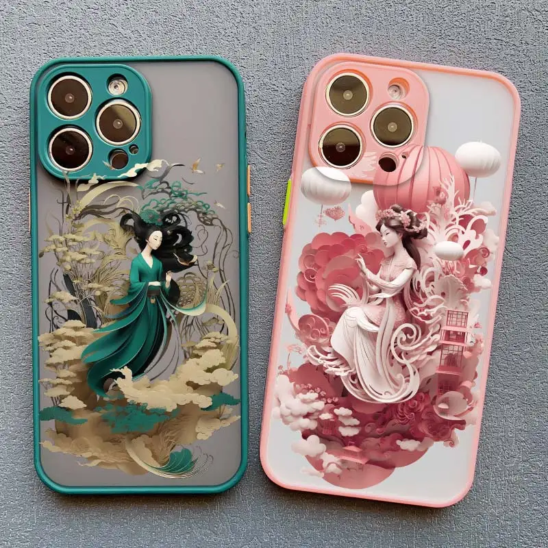 Chinese Style Antiquity Girl Paint Art Phone Case For iPhone 16 15 14 13 12 11 Pro Max Mini 15 8 7 Plus XS X XR Shockproof Cover