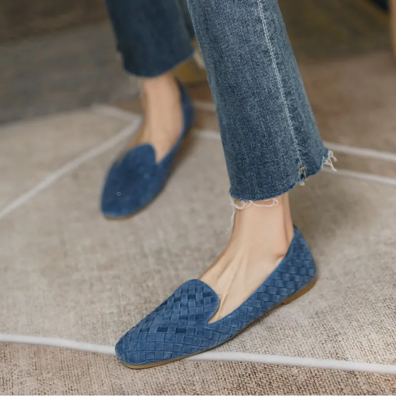 Women\'s Mules Outer Wear Sqaure Toe Flats Kid Suede Spring Lazier Flats Real Leather Simple Style Weave Mule Daily Loafer Shoes