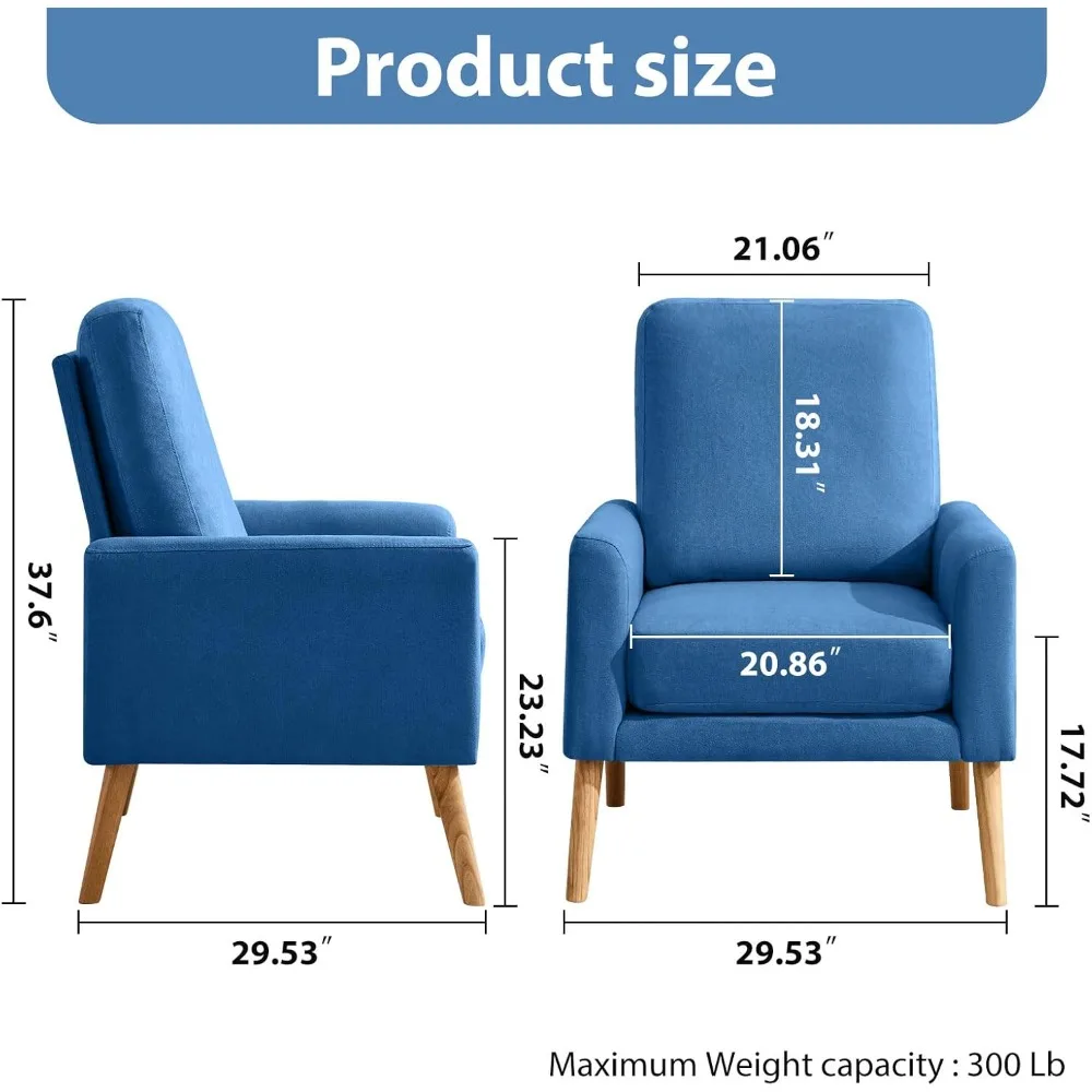 Modern Accent Chairs with Thick Padded Cushion Arm Chair for Living Room/Bedroom/Office/Cafe, Wood Legs, Blue