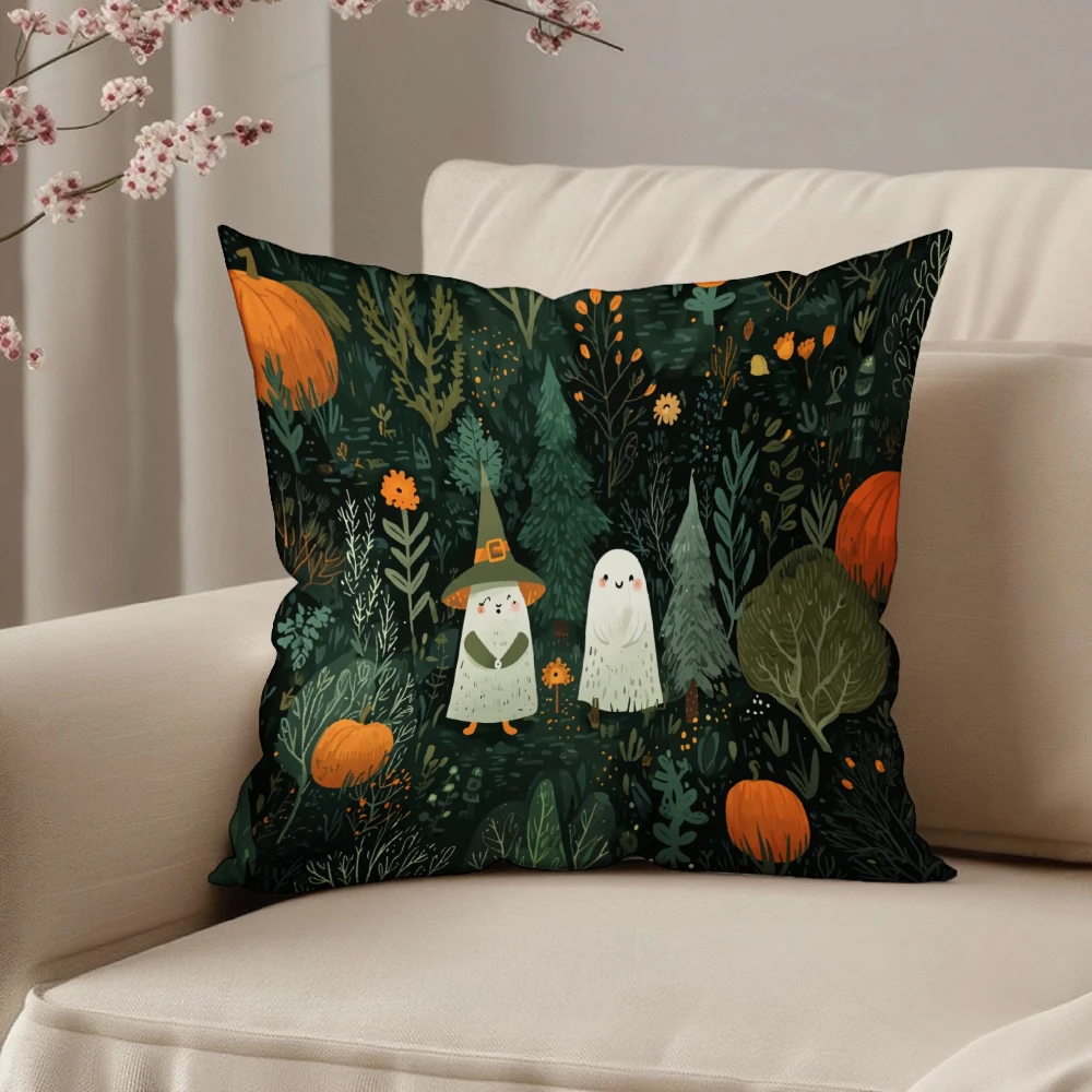 Square Throw Pillow Case Dark Green Halloween Forest Ghost Witch Pumpkin Print Decorative Cushion Cover For Living Room Sofa Bed