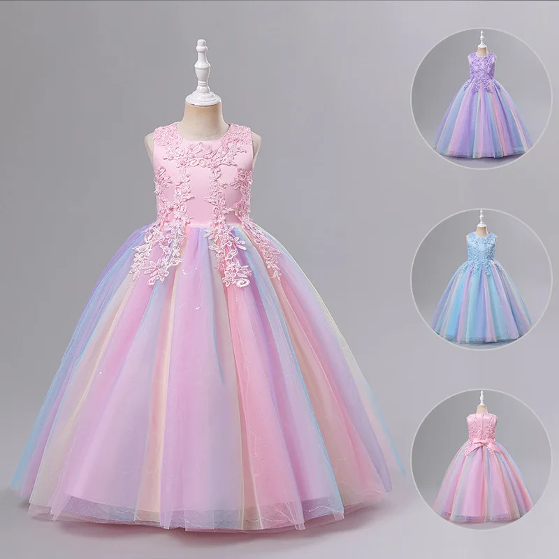 Girls' Dress Sleeveless Mesh Puffy Princess Length Rainbow Skirt Dinner Piano Performance Girl Dresses Birthday Dress