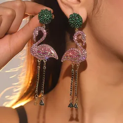 Pink Birds Crystal Earrings for Women Bijoux Long Tassel Rhinestone Dangle Earrings Statement Jewelry