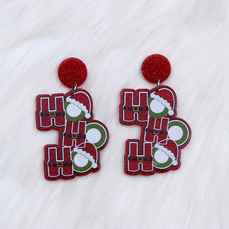 New Christmas Earrings Geometry Pistol Coconut Tree Christmas Hat Green Hair HO Leopard Pattern Rainbow Earrings Decorative Gift