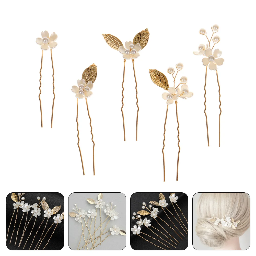 

5pcs Hairpin Flower Design Bridal Barrettes Zinc Alloy Wedding Hair Stick U Shape Fork Decor