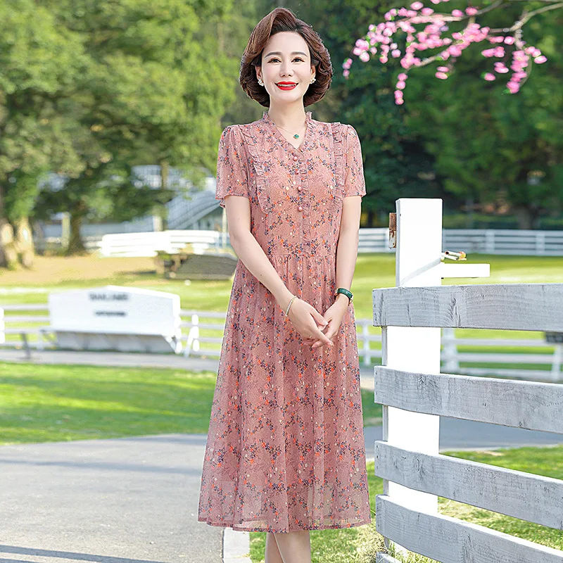 

new style Summer Skirt Middle-aged Women clothing Simple Mesh Floral Dresses