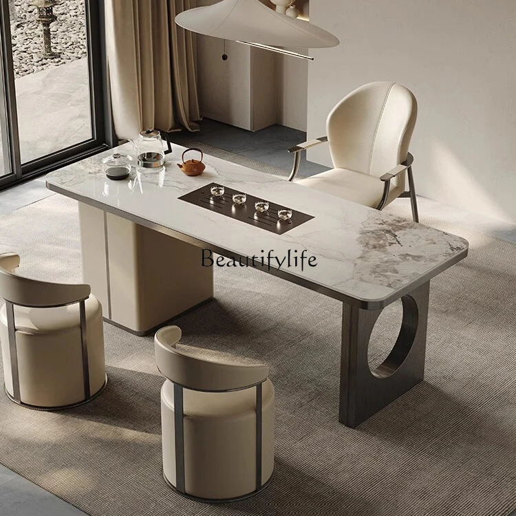 

Rock slab household tea table kettle integrated light luxury modern high-end living room balcony office tea table chair
