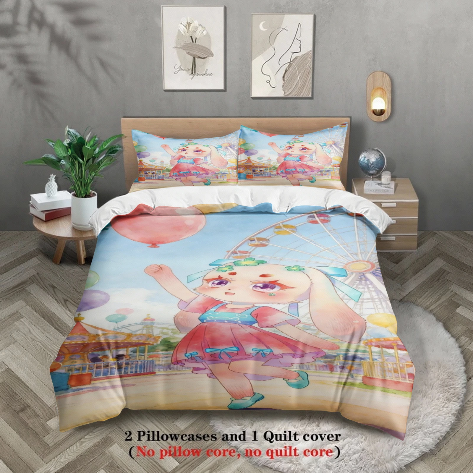 Softville Cozy Town 3PCS Bedding Sets Lop Rabbit in Amusement Park Printed Duvet Cover No filling Cartoon Style Queen King Size