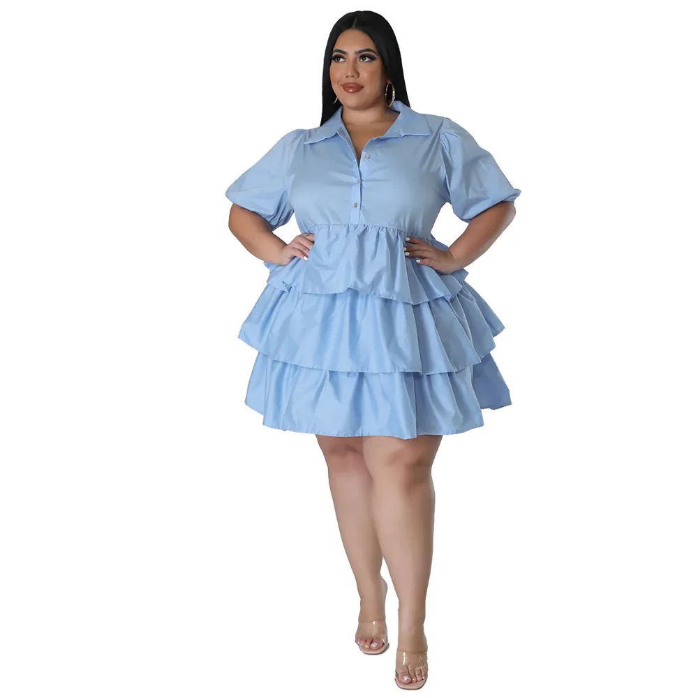 Plus Size Summer Women Casual Cake Dress Short Sleeves Turn Down Neck Ruffles Fashion Party Dress Loose Style Holidays