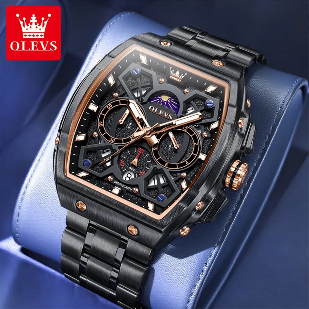 

OLEVS 2942, мужские новые часы HD, роскошные оригинальные кварцевые часы Tonneau, водонепроницаемые, светящиеся, из нержавеющей стали, спортивные мужские часы с фазой Луны