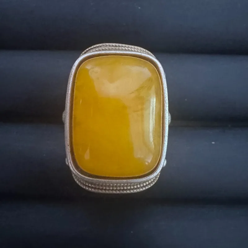 Ethnic Retro Couple Ring, Tibetan Silver Inlaid Imitation Amber Carp Pattern Vintage Thumb Ring