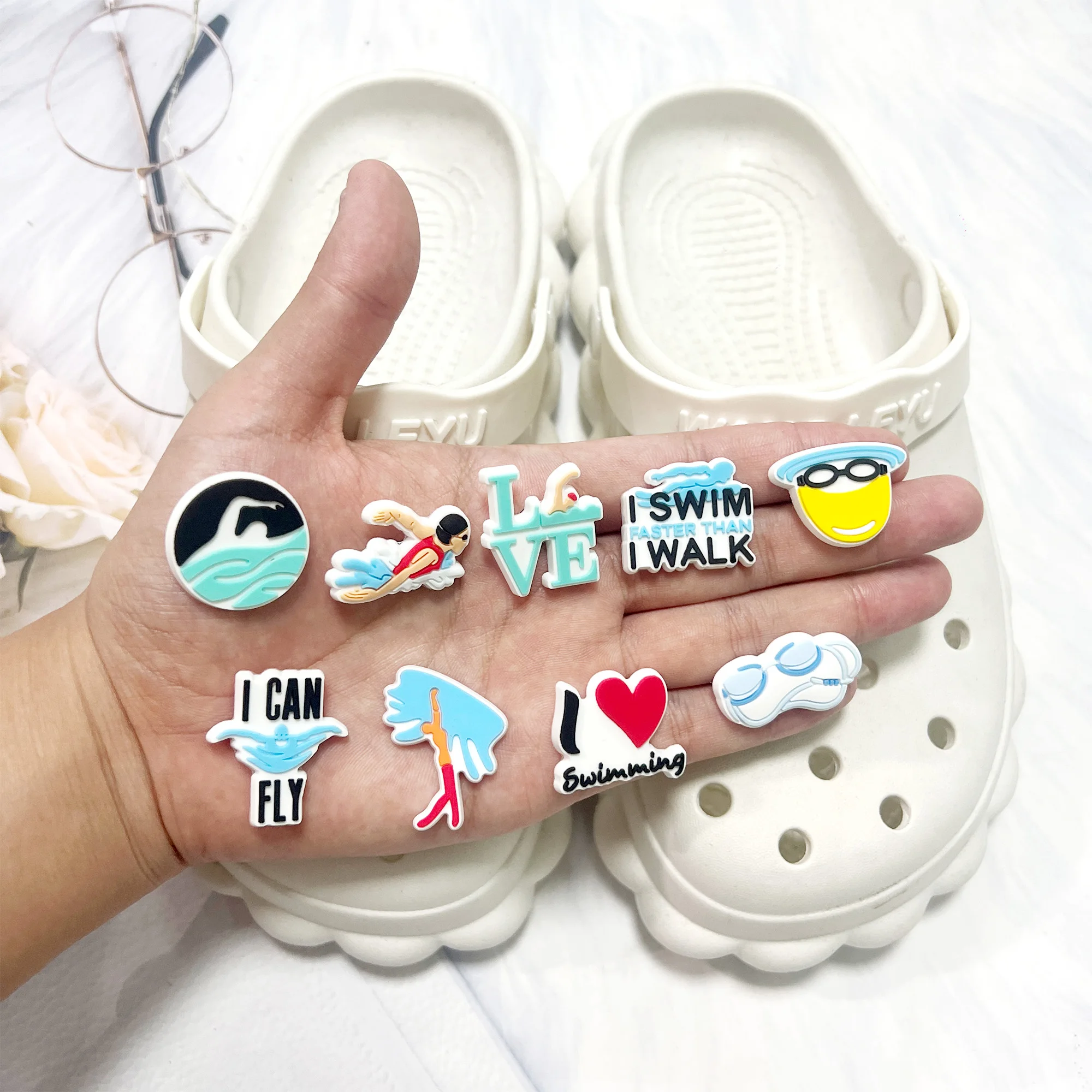 Swimming Fitness Sports Set Shoe Charms Accessories DIY Slide Sandals Bubble Shoe Decoration Buckles Pins for Boys Girls Gifts