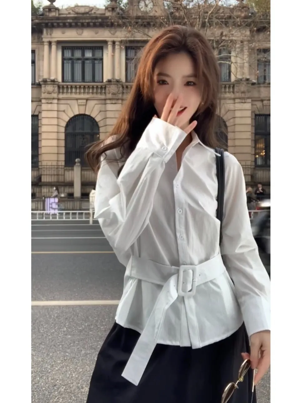 

Женская рубашка в французском стиле с длинным рукавом, воротником и поясом, приталенная, из хлопка, для ранней весны, новый дизайн, повседневный топ для молодых девушек