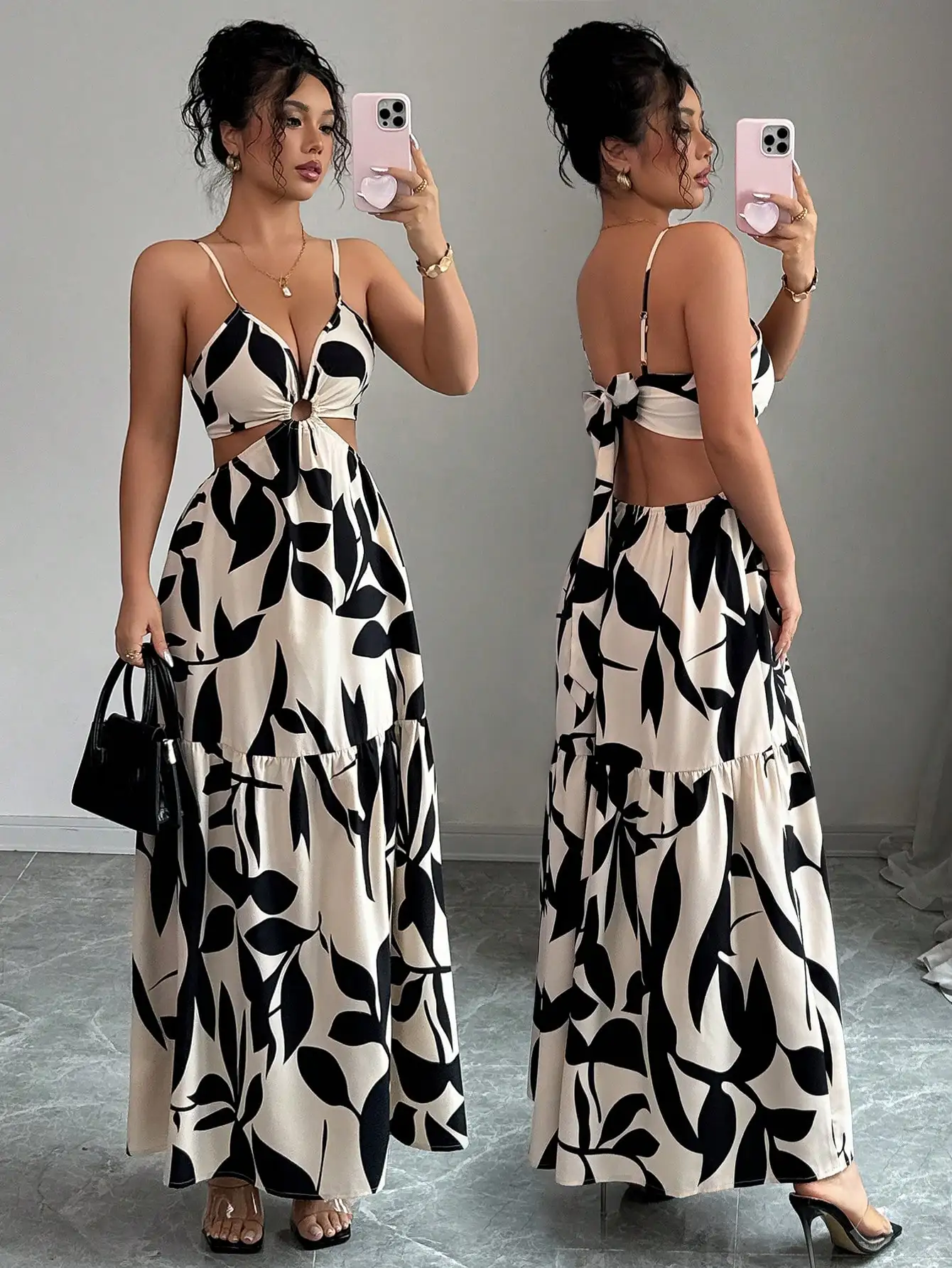 

Women's Summer Strappy Cutout Back Floral Print Maxi Dress with Tiered Skirt