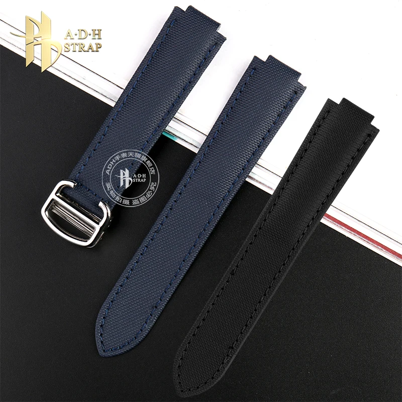 Canvas Nylon Watch Strap with Convex Interface For Cartier Blue Balloon Black Knight WSBB0027/25 Watch Band Folding Buckle Style