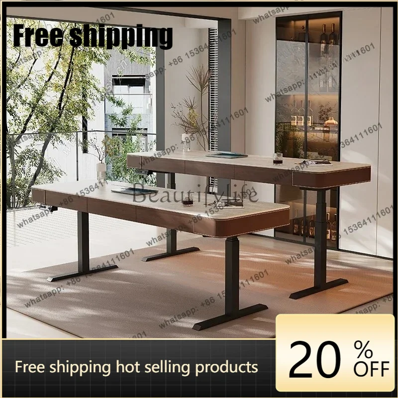 HJ Retro Travertine Rock Slab Electric Lifting Bar Table Household Computer Desk Office Dual Motor Lifting Table