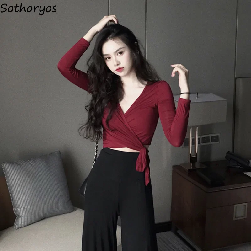 

Women Sets Elegant V-neck Solid Bow Slim High Waist Sweet Trendy Korean Style Womens Long Sleeve Set Criss-Cross Lady Breathable