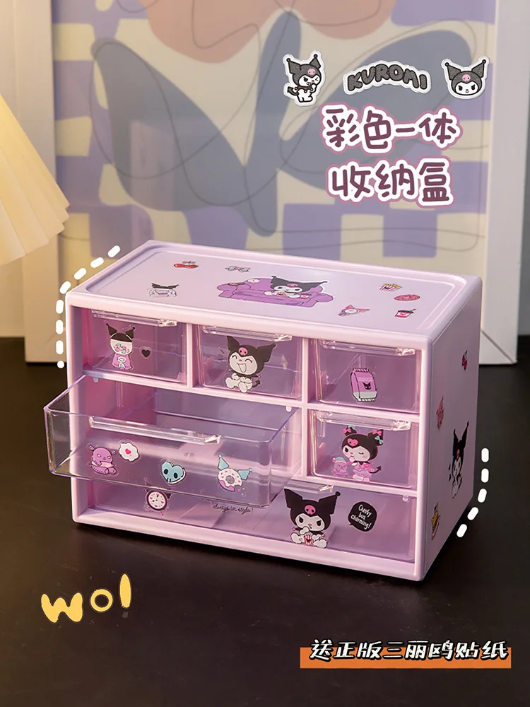 Sanrio 6 Grid Storage Box Desktop Drawer-type Transparent Organizing Box Desk Pen Holder Send Kuromi Melody Cinnamoroll Stickers