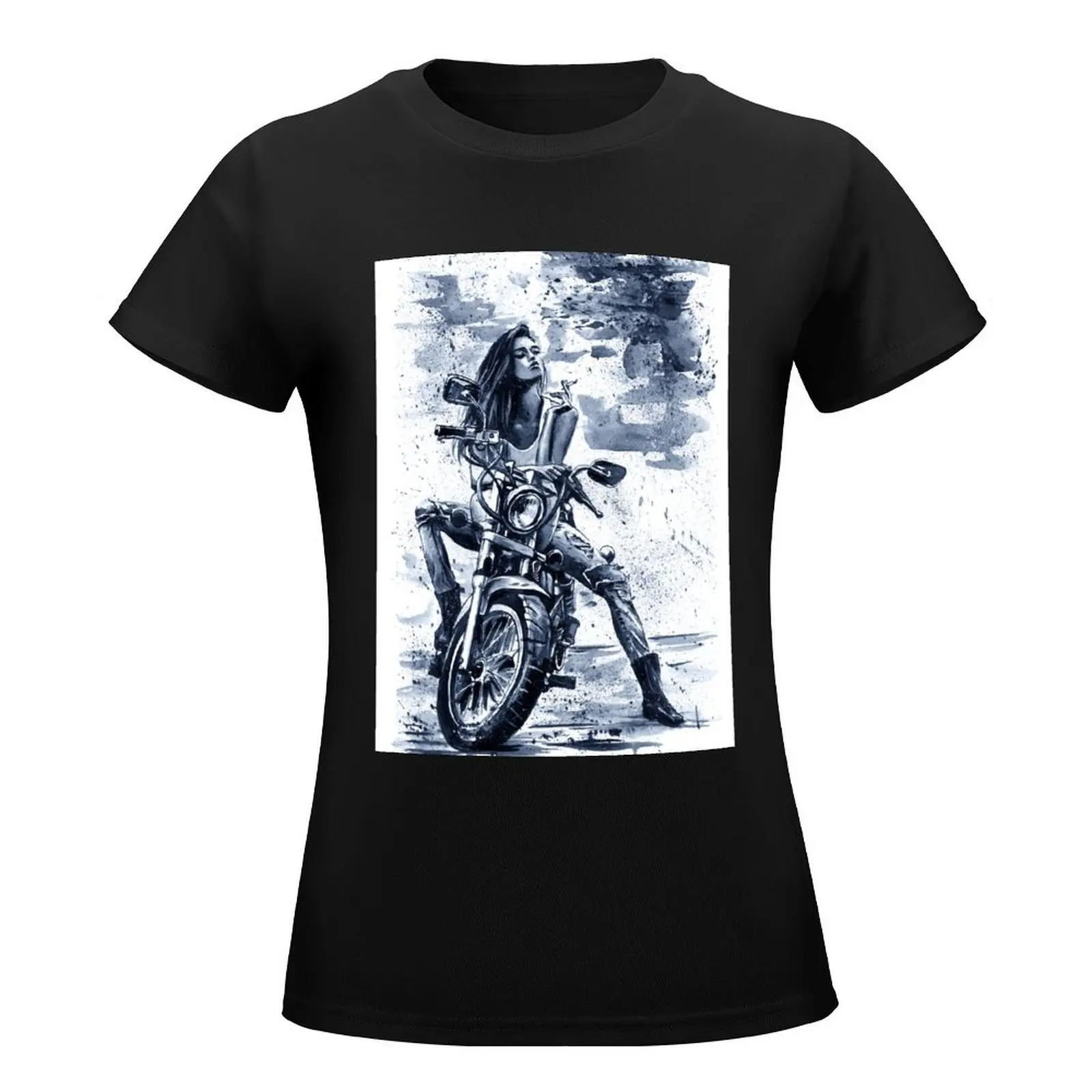 Biker Girl painting fashion cool T-Shirt Short sleeve tee female korean Women's clothes