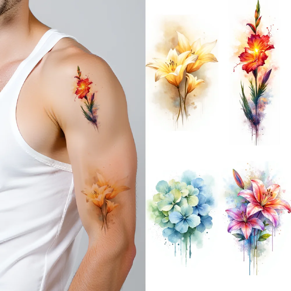 9pcs Temporary Tattoo Hydrangeas Waterproof Long-lasting Body Stickers Pink Roses Lotus Flowers Temporary Tattoo Stickers For