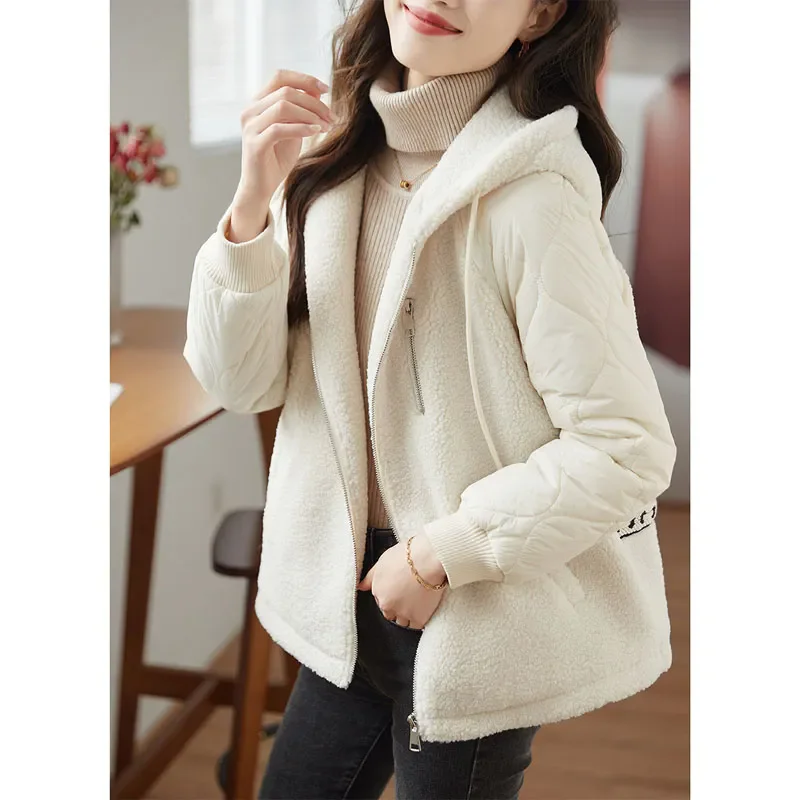Women's Winter Casual Warm Thick Parka Hooded Cotton Coat with Lamb Wool Stitching down Cotton-Padded Jacket Loose Fit Overcoat