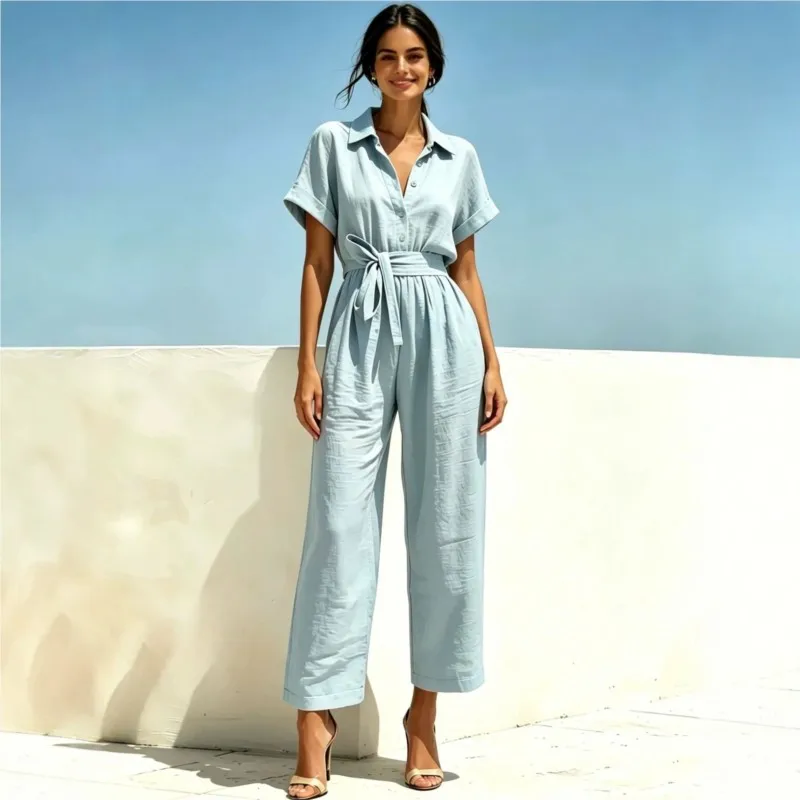 Fashion Women's Shirt Jumpsuits Turn-down collar High Waist Lace-up Short Sleeve Wide Legs Pants Summer Resort Female Rompers