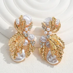 Fashion Metal Leaf Imitation Pearl Drop Earrings for Women Luxury Retro Gold/Silver Color Big Dangle Earrings Party Jewelry