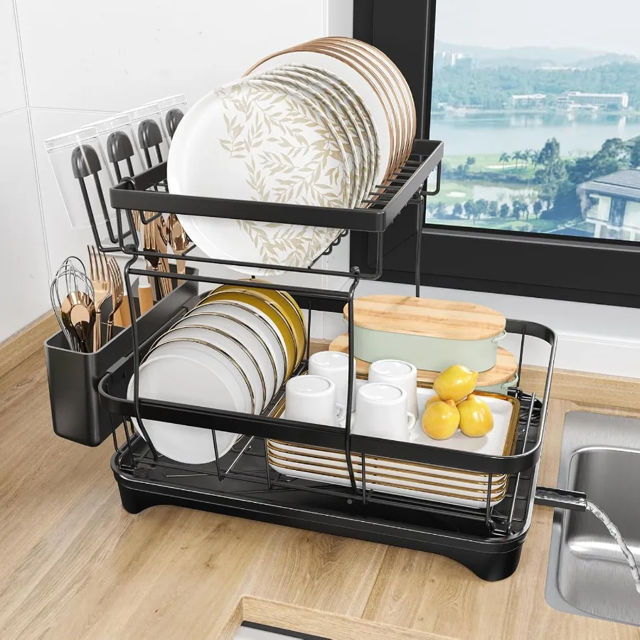 

Large Dish Drying Rack for Kitchen Counter2Tier Dish Racks Detachable Dish Drainer with Utensil Holder and Cup Rack Black
