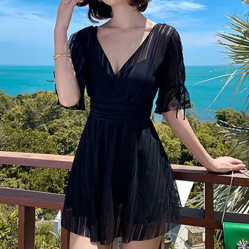 Sexy V-Neck Swimming Suit for Women Push Up Black Mesh Swimsuit Short Sleeve Ladies Swim Dress One Piece Skirt Bathing Suit