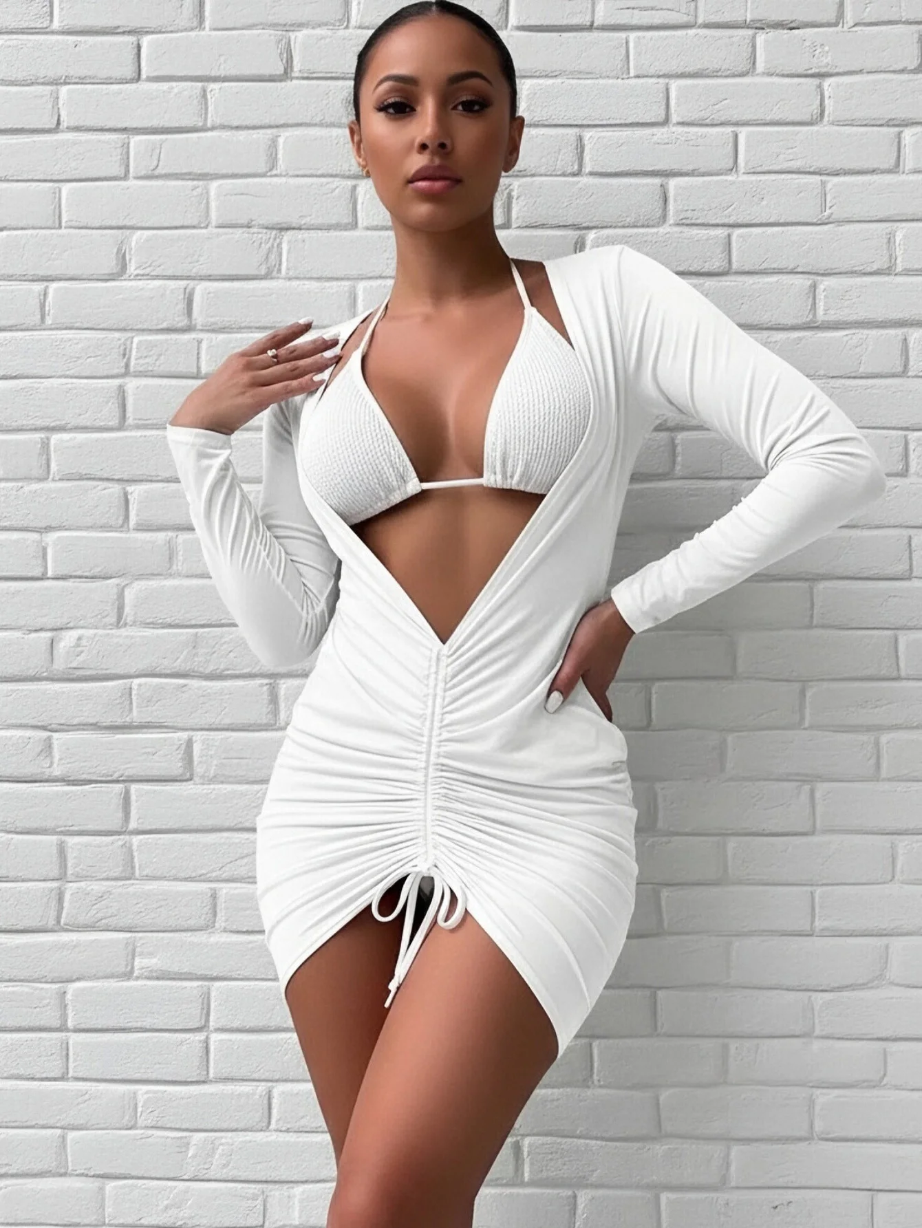 Sexy Damen-Streetwear-Kleid mit Hohlmuster und Kordelzug, Dreiteiliges Set – Detail 1