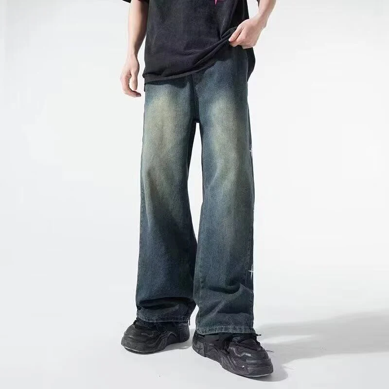 

Мужские джинсы на резинке для осени и зимы, черные, в американском стиле, широкие, из денима, модные, свободные, прямые брюки