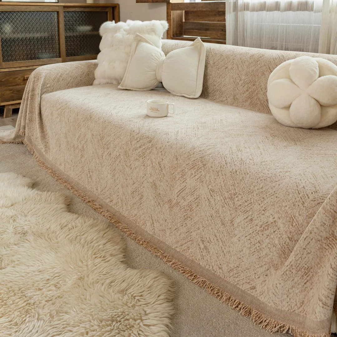 1pc Geometric Jacquard Chenille Sofa Towel with Tassels, Living Room Universal Fit Furniture Protector Machine Washable Blanket