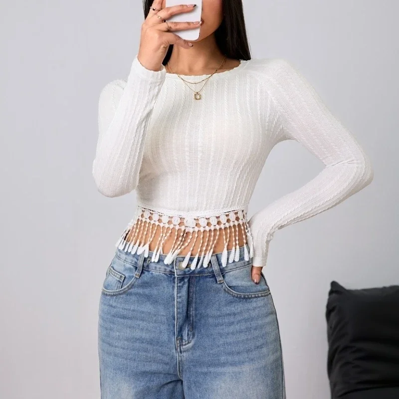 

2024 Autumn/Winter Temperament Elegant T-shirt Fringe Design Sense Slim Slim Slimple Blouse Women's Wear