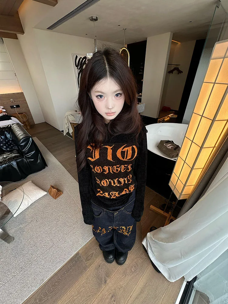 American High Street Spicy Letter Print T-shirt lunga Sve da donna Strato base Top Design Sensation Slim Fit Abbigliamento autunnale