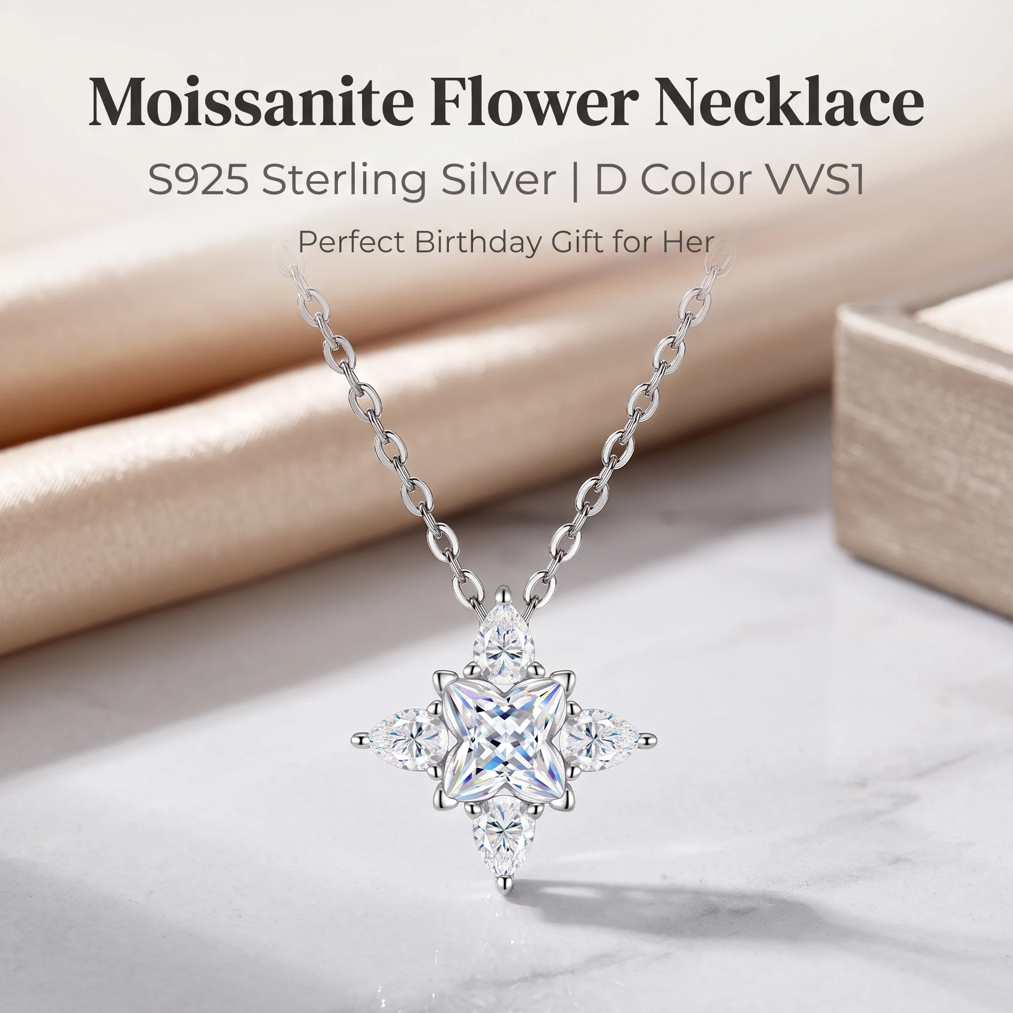 S925Sterling Silver Four‑Point Flower Moissanite Necklace, D‑Color Sparkling Pendant, Hypoallergenic Fine Jewelry Gift for Women
