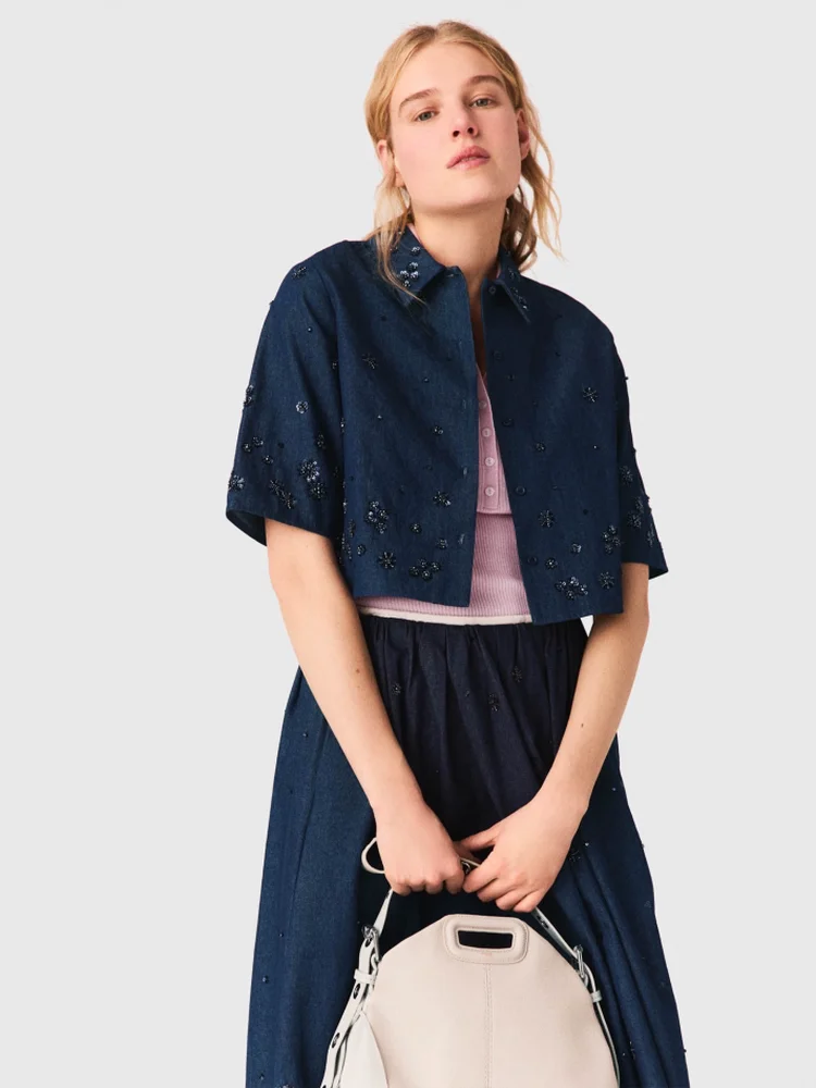 

MaSandeM Spring Summer Women's Faion Denim irt Pearl Decorated Flower Embellied ort Sve Turn-down Collar Top