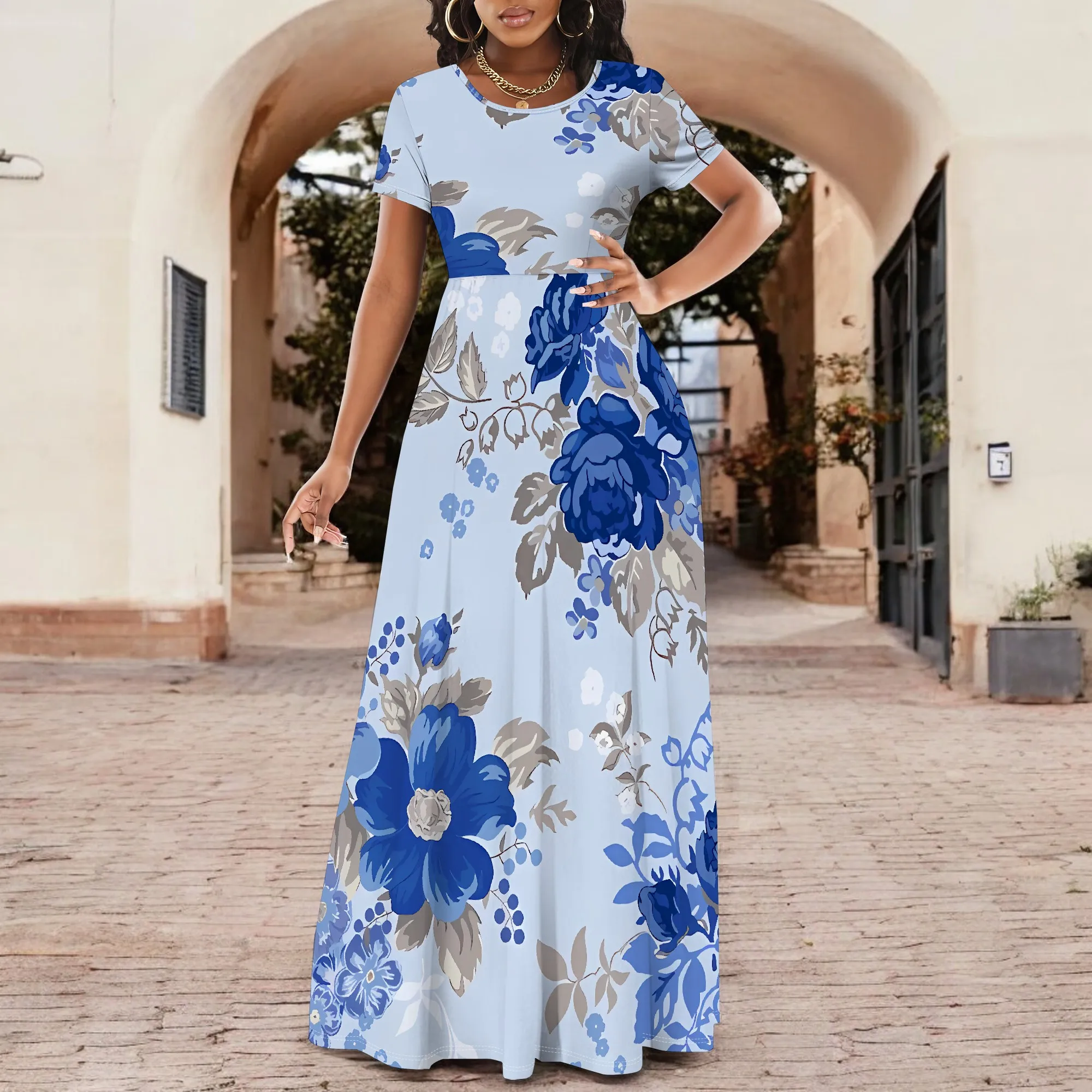 

Elegant Blue Floral Print Long Maxi Dress for Women Summer Short Sleeve Casual Daily Garden Party Outfit