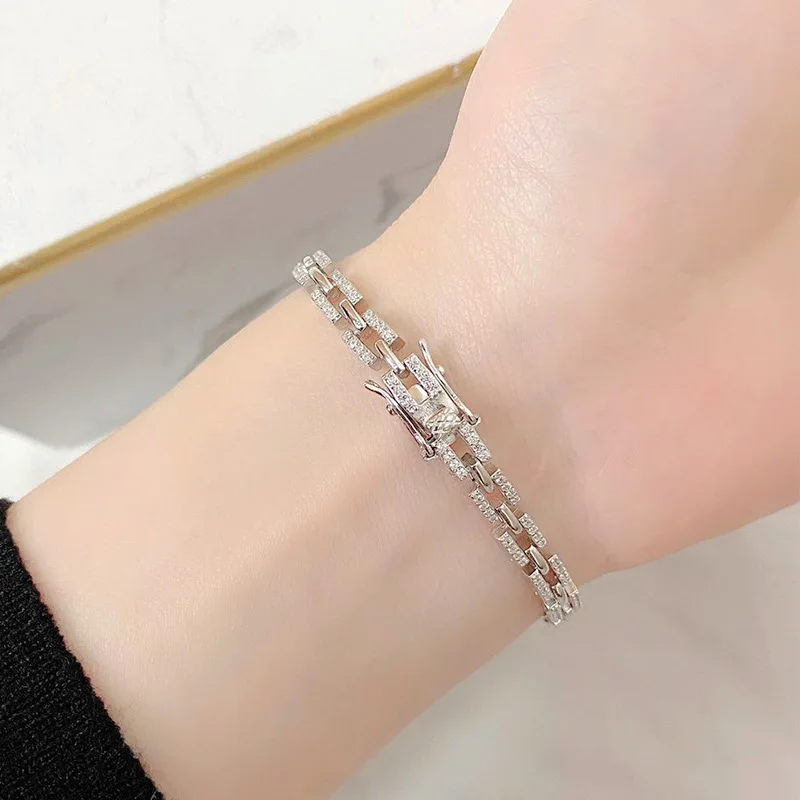 

Luxury Solid Platinum PT950 Women's Full Diamond Chain Bracelet Ins Niche Simple Cuban Bracelet