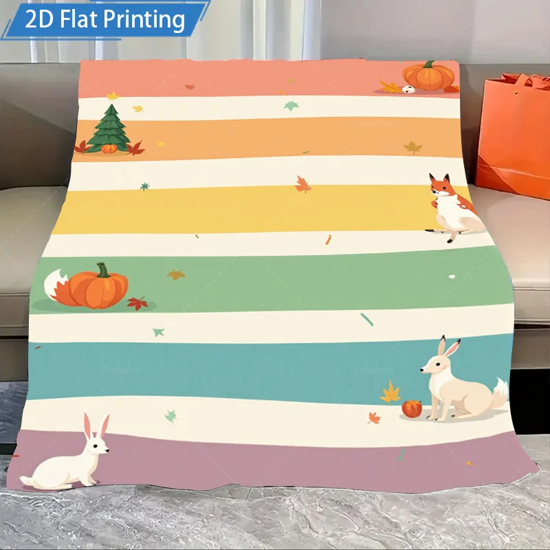1pc cobertor de flanela outono temático cobertor de lã com raposa coelho abóbora impressão aconchegante decoração de outono para casa e cama