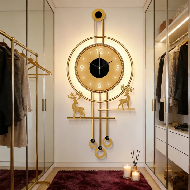 

Modern TV Background Wall Mute Wall Clock Wooden Grille Decoration With Lights Hanging Clock Restaurant Clock Home Decoration