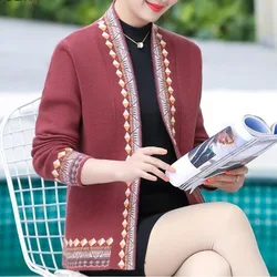 Women's 2023 Autumn Winter New V-neck Patchwork Loose Knitted Cardigan Vintage Long Sleeve Embroidered Casual Sweaters Coat