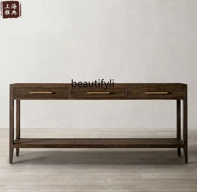 X A15 American-Style Solid Wood Vintage Console Oak Aisle Hallway Nordic Living Room Wall Table-Console